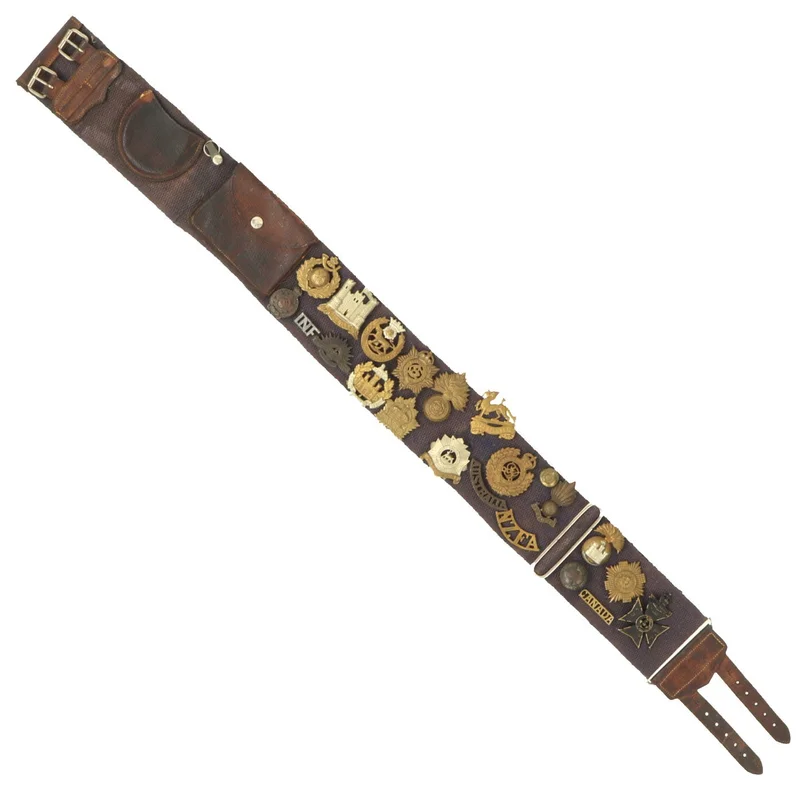 Original British WWI Souvenir Belt with 16 Attached Regimental Badges & 6 Other Insignia
